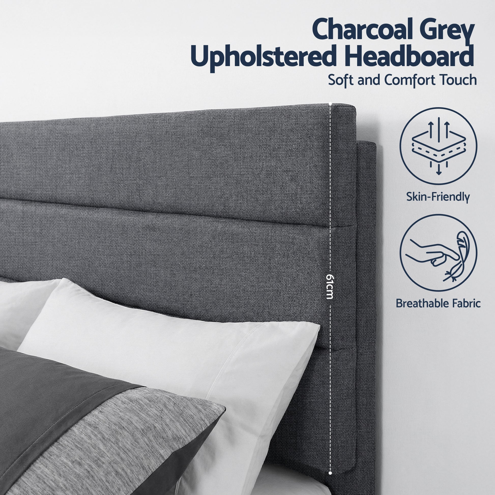 Hush King Linen Upholstered Bed Frame - Dark Grey-5