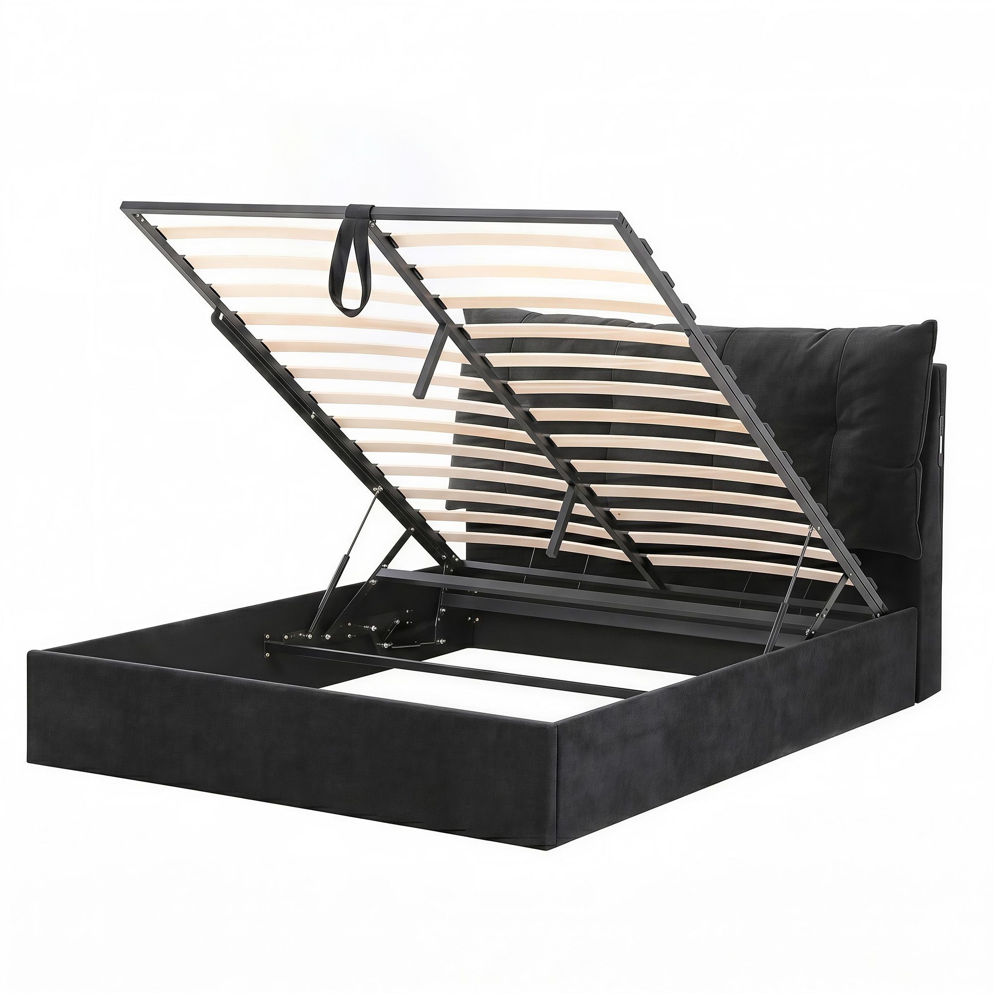 Queen Bed Frame with Horizontal Gas Lift Storage with LED Light USB Type-C Charging Station Black Velvet