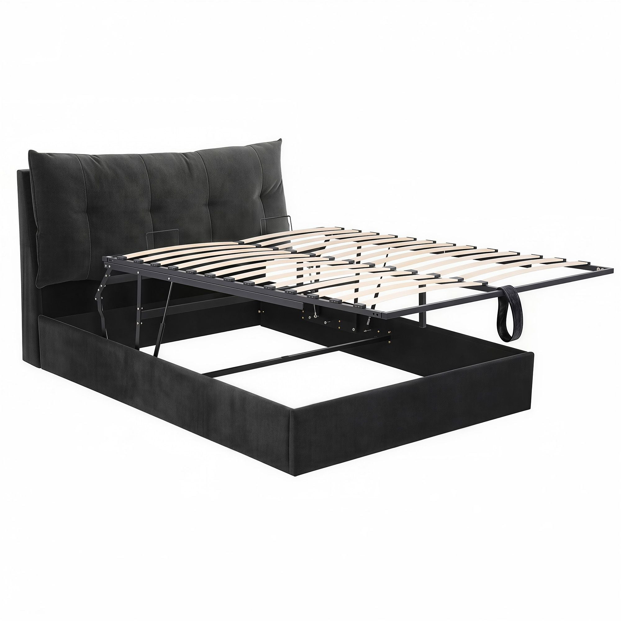 Queen Gas Lift Storage Bed Frame with LED Light & USB Type-C Charging Station - Black Velvet