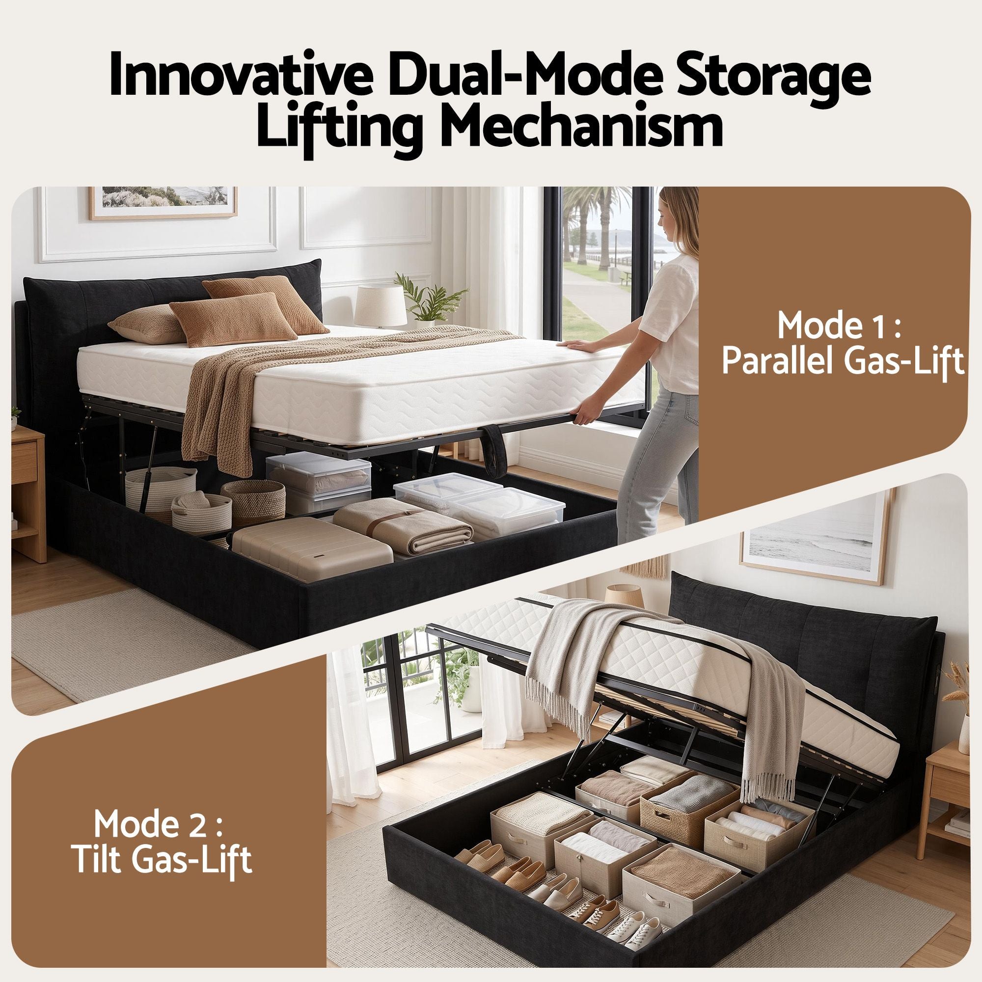 Queen Gas Lift Storage Bed Frame with LED Light & USB Type-C Charging Station - Black Velvet