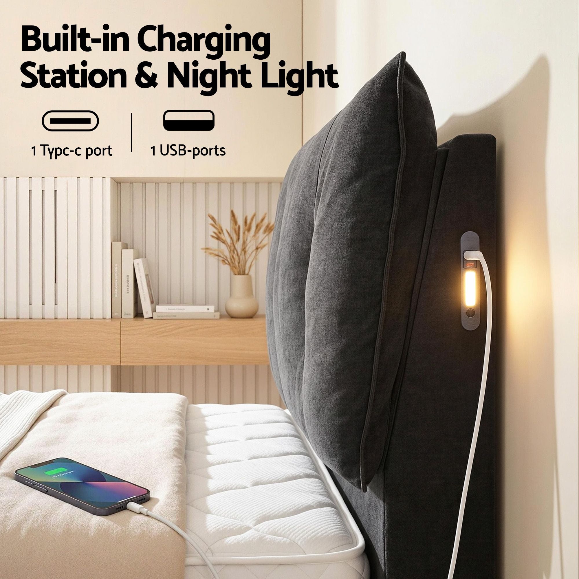 Queen Gas Lift Storage Bed Frame with LED Light & USB Type-C Charging Station - Black Velvet
