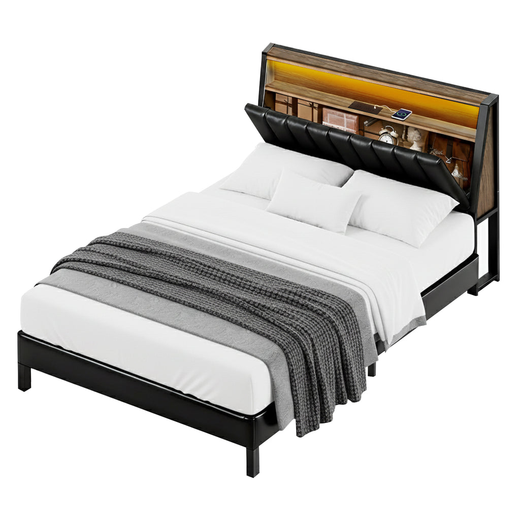 Jindara Smart LED Double Bed Frame – Black with storage headboard, LED lighting, and metal frame, styled with white bedding and gray throw.
