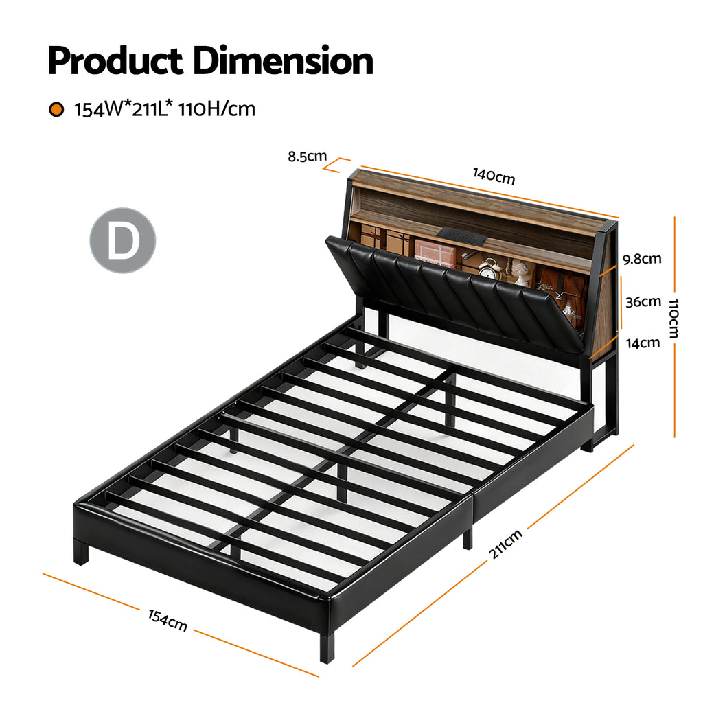Jindara Smart LED Double Bed Frame – Black with metal slats and storage headboard open, showing inner compartments and dimensions