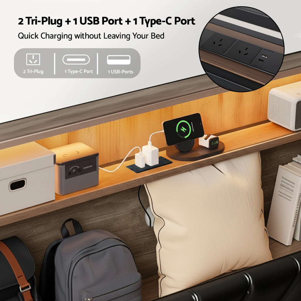 Jindara Smart LED Double Bed Frame – Black with built-in tri-plug, USB, and Type-C charging ports on wooden headboard shelf