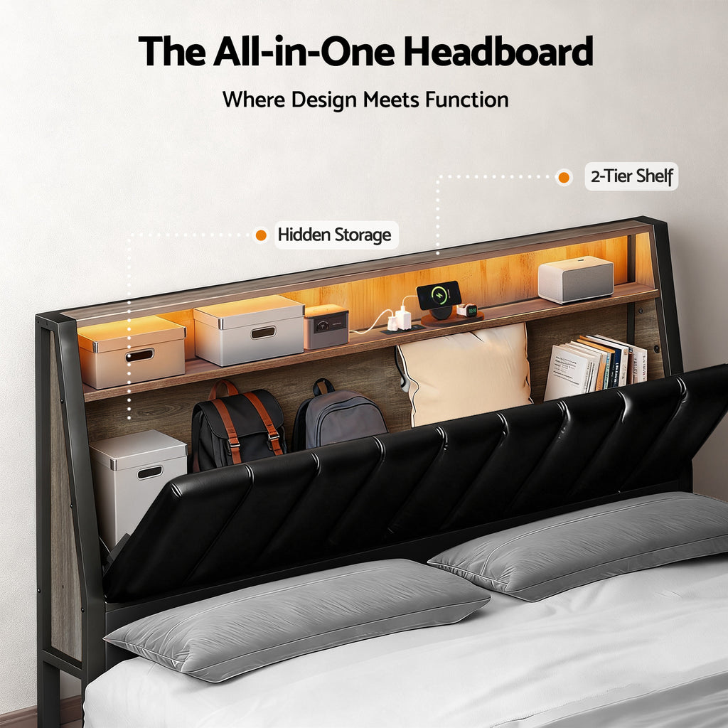Jindara Smart LED Double Bed Frame – Black with padded headboard featuring hidden storage, 2-tier shelf, and LED lighting.