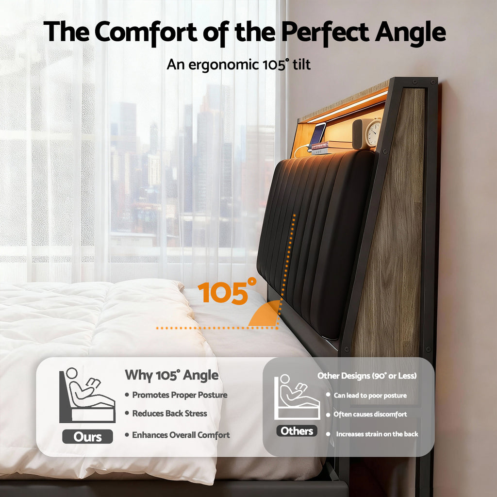 Jindara Smart LED Double Bed Frame – Black with ergonomic 105° tilt headboard promoting posture and comfort.