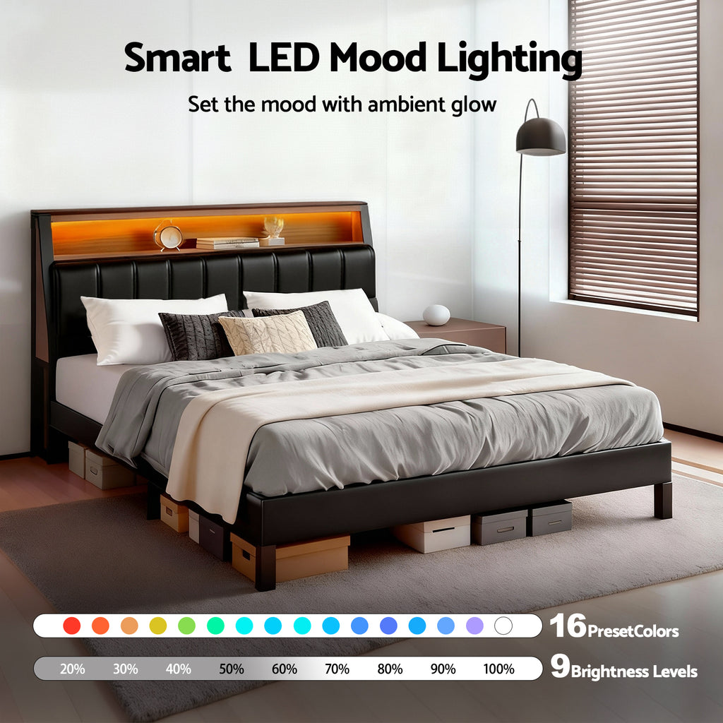 Jindara Smart LED Double Bed Frame – Black with ambient LED mood lighting, black PU leather upholstery, and modern bedroom furniture design