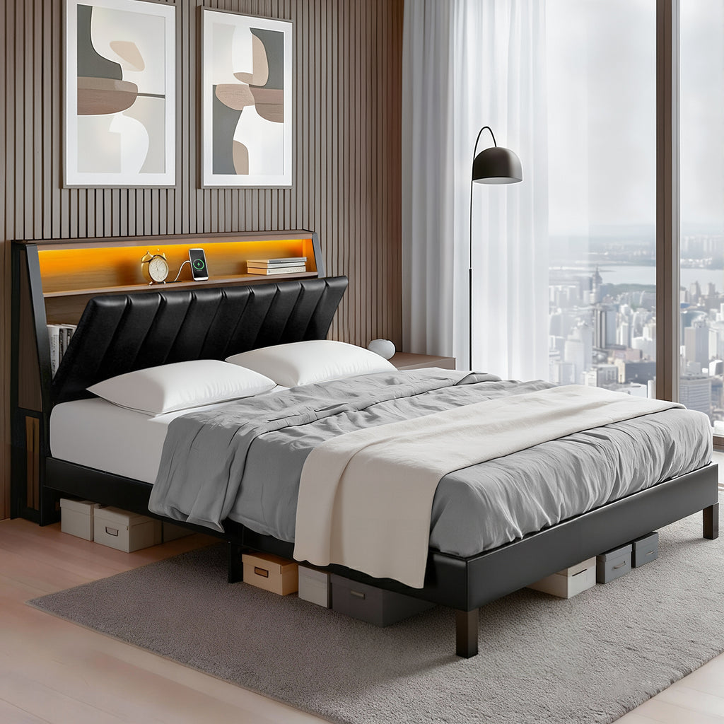 Jindara Smart LED Double Bed Frame – Black with PU leather upholstery, built-in LED lighting, and modern bedroom furniture design