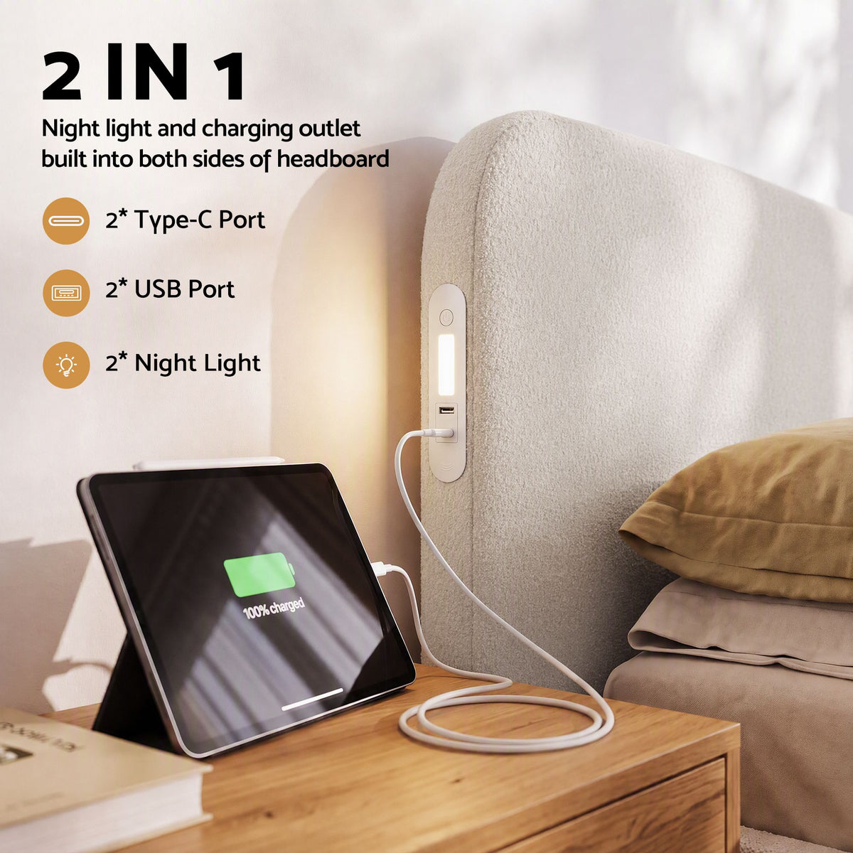 King Bed Frame with 100cm Bouclé Headboard, USB-C Ports & Night Lights