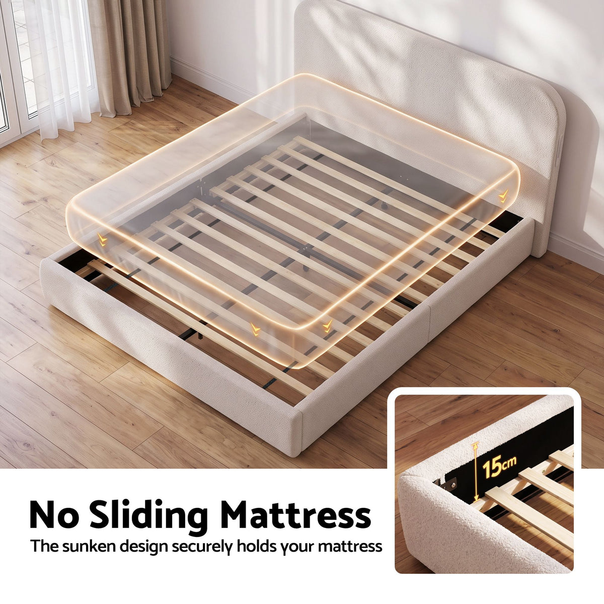 King Bed Frame with 100cm Bouclé Headboard, USB-C Ports & Night Lights