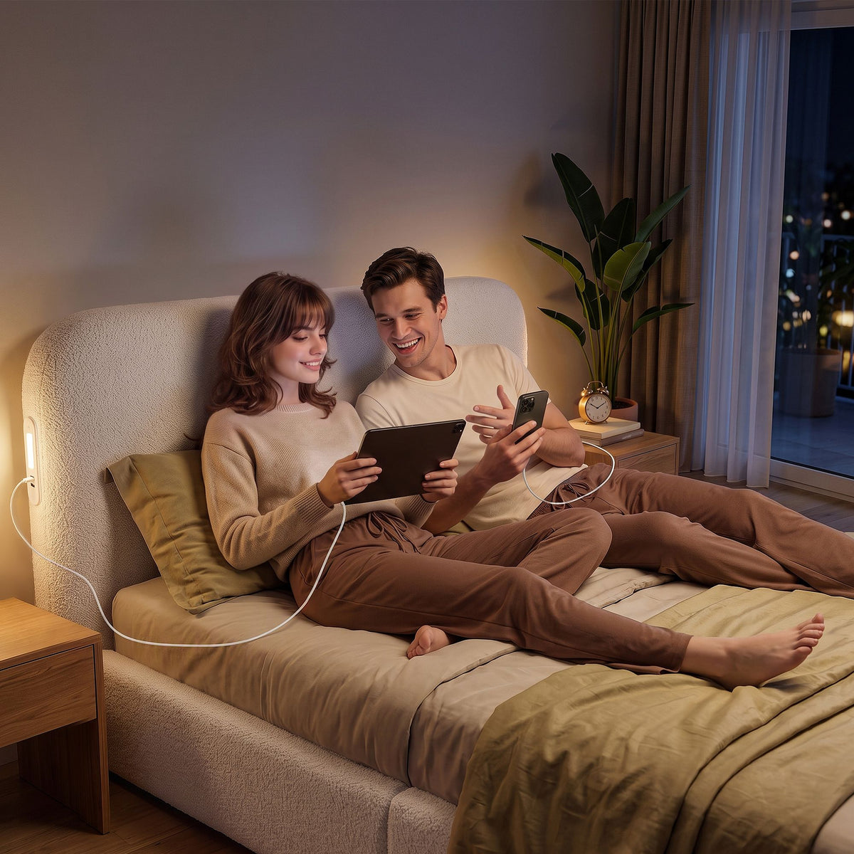 King Bed Frame with 100cm Bouclé Headboard, USB-C Ports & Night Lights