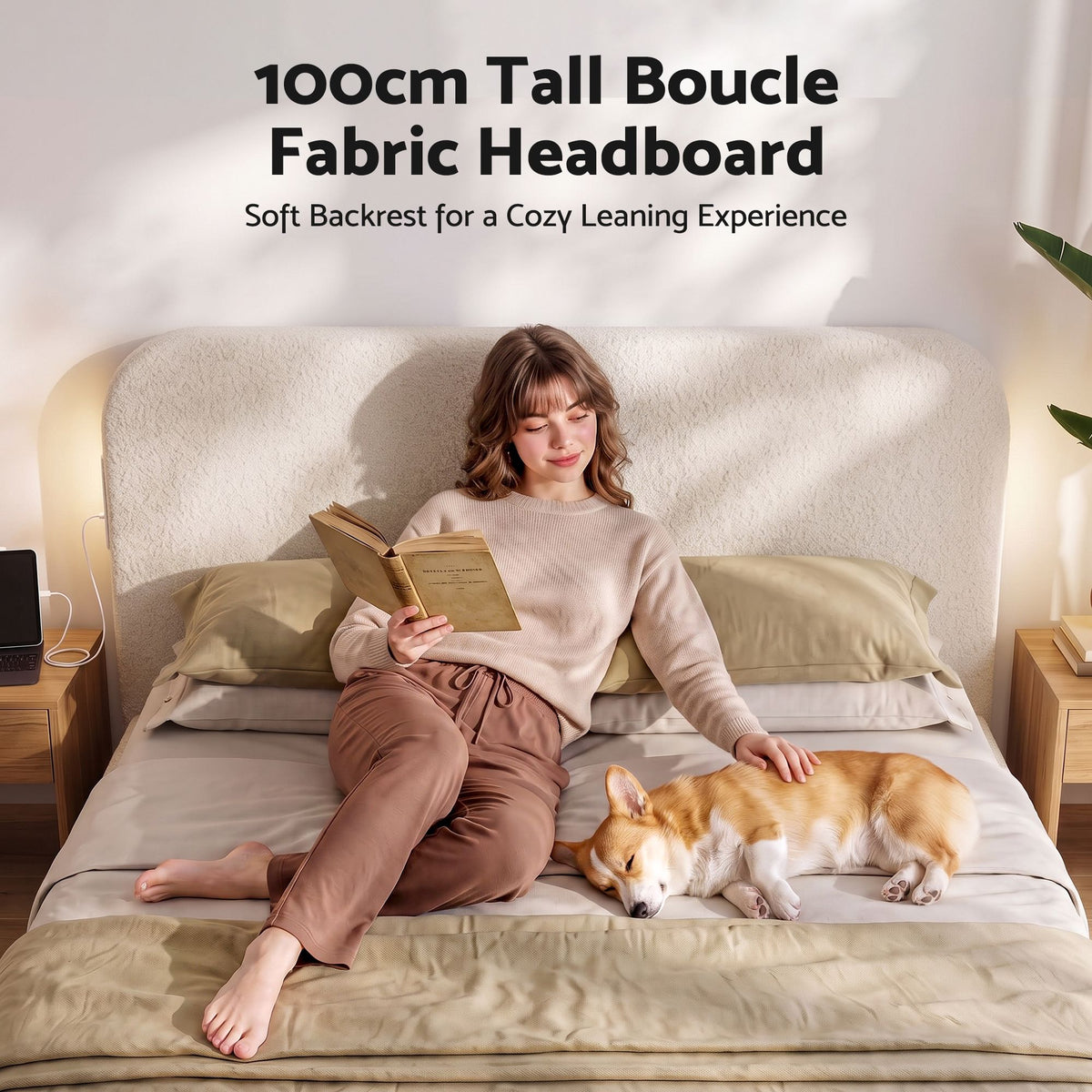 Queen Bed Frame with Bouclé Headboard, USB-C Charging & Night Lights