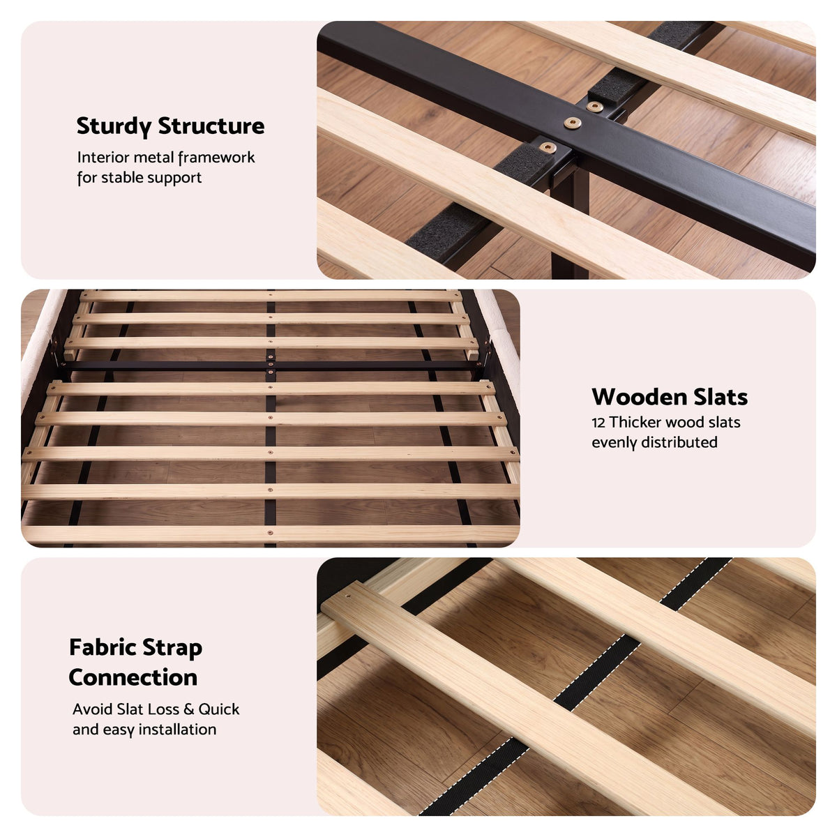Queen Bed Frame with Bouclé Headboard, USB-C Charging & Night Lights