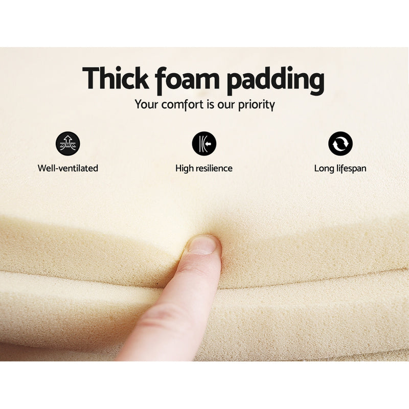 Close-up of thick foam padding with finger pressing, highlighting comfort in the Coogee King Single Bed Frame Cuddly White Bouclé.