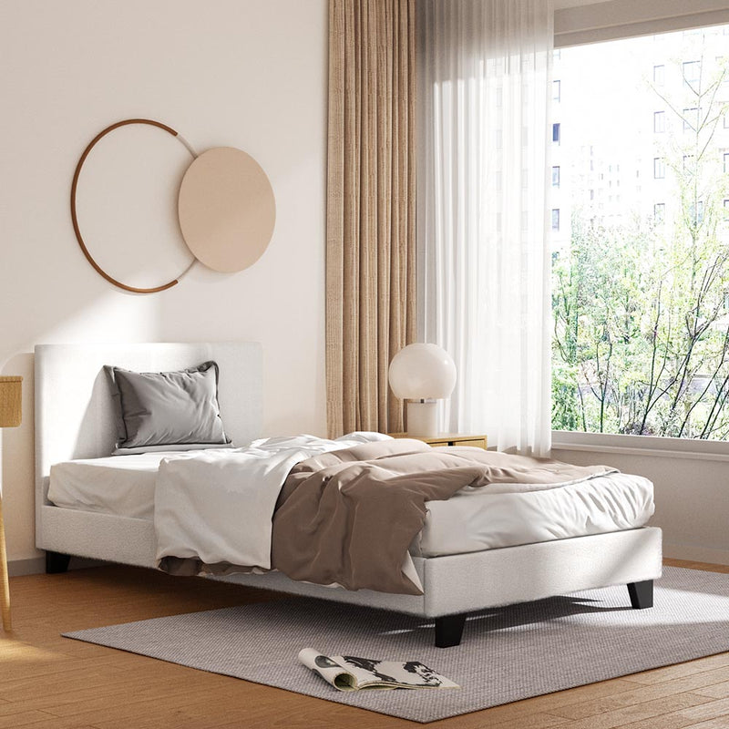 Coogee King Single Bed Frame Cuddly White Bouclé with cushioned headboard in bright bedroom setting with natural light
