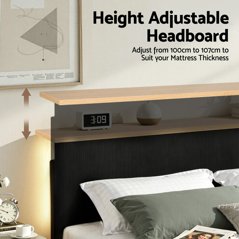 Royce Double Upholstered LED Bed Frame with Adjustable Headboard - Black Velvet-3