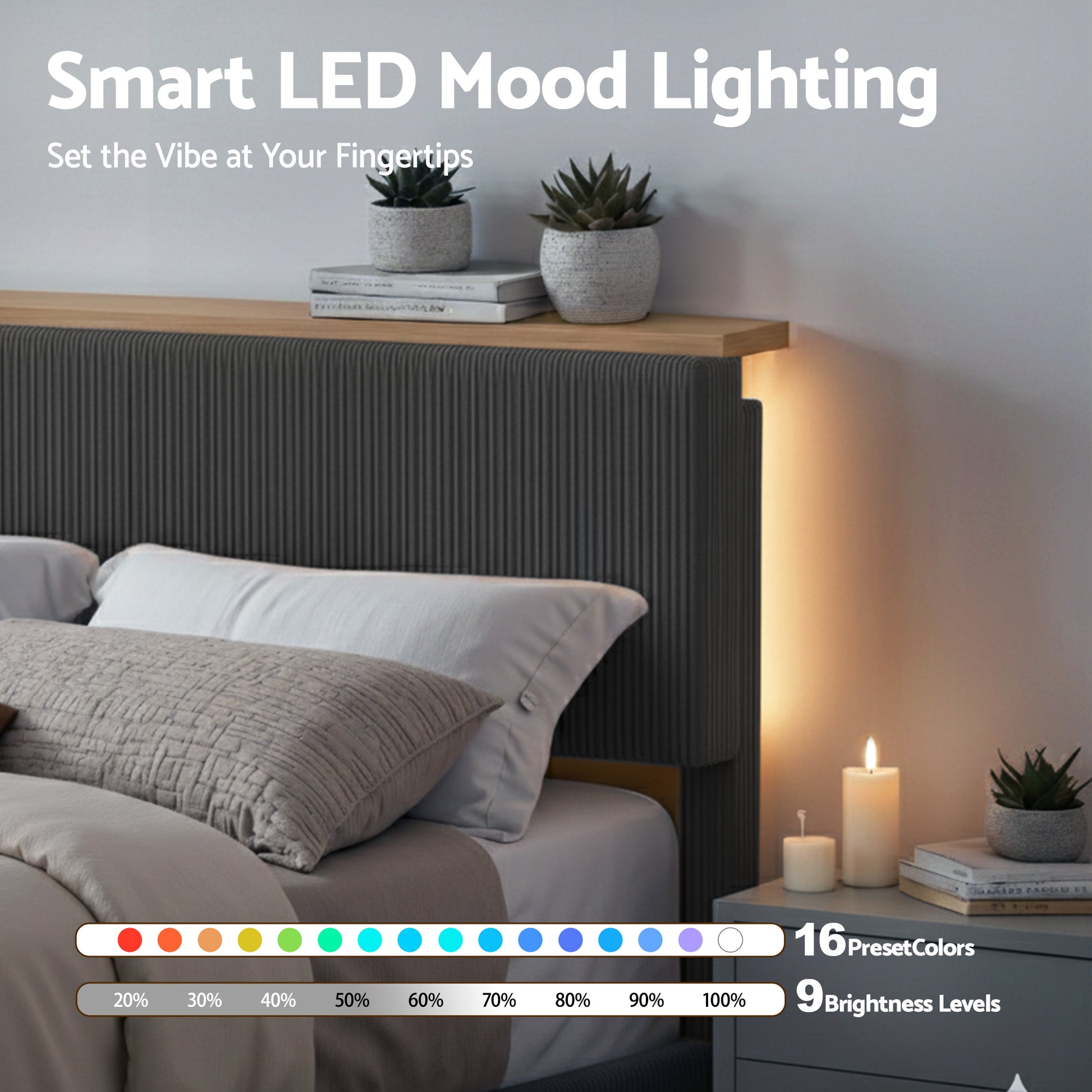 Royce Double Upholstered LED Bed Frame with Adjustable Headboard - Grey Velvet-5