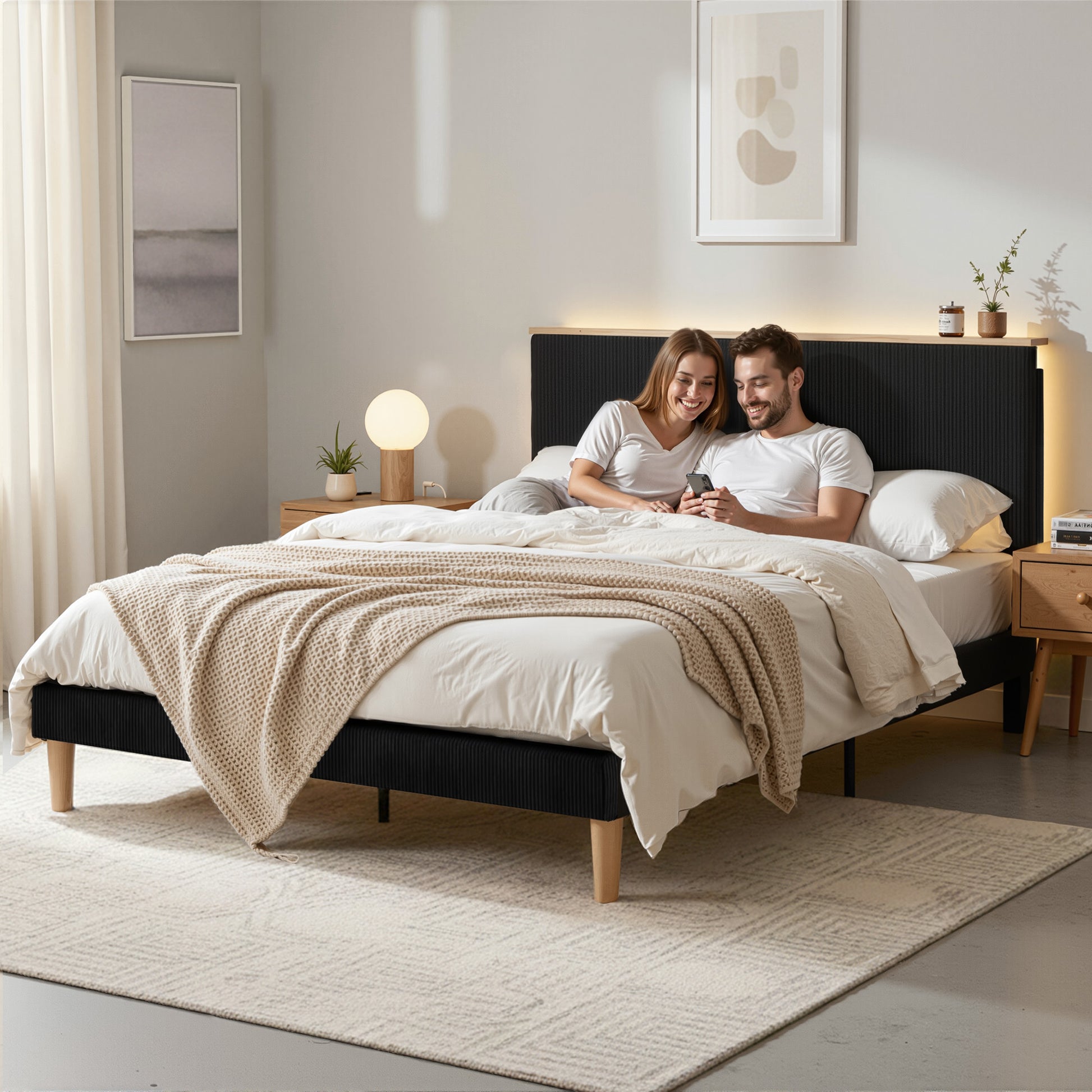 Royce Queen Upholstered LED Bed Frame with Adjustable Headboard - Black Velvet-6