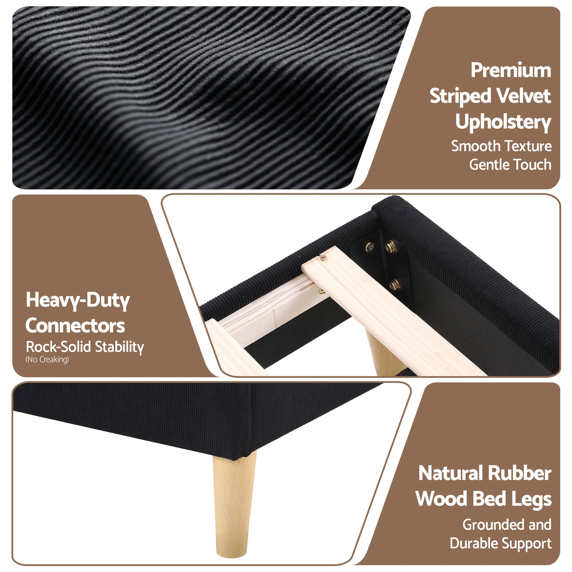 Royce Queen Upholstered LED Bed Frame with Adjustable Headboard - Black Velvet-7