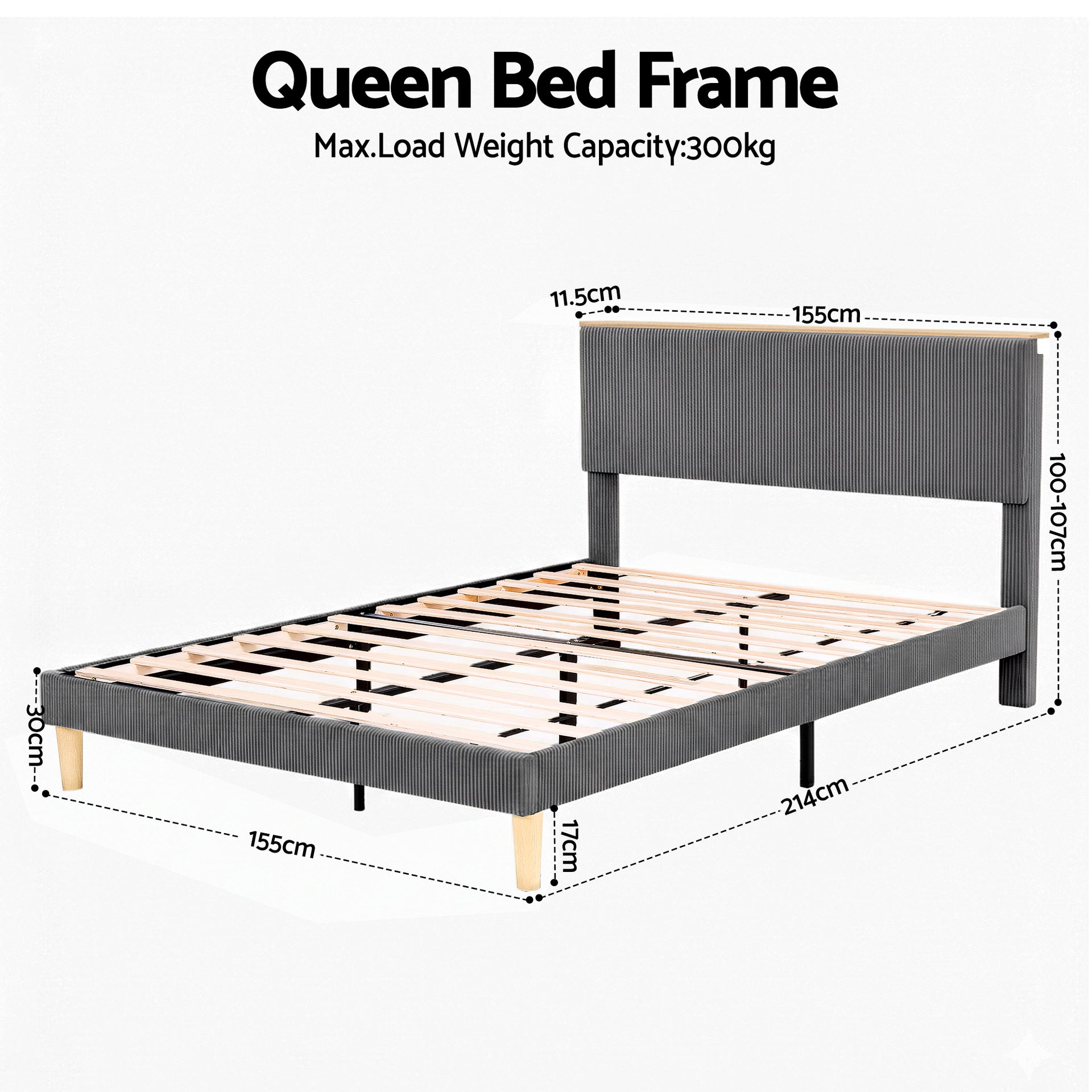 Royce Queen Upholstered LED Bed Frame with Adjustable Headboard - Grey Velvet