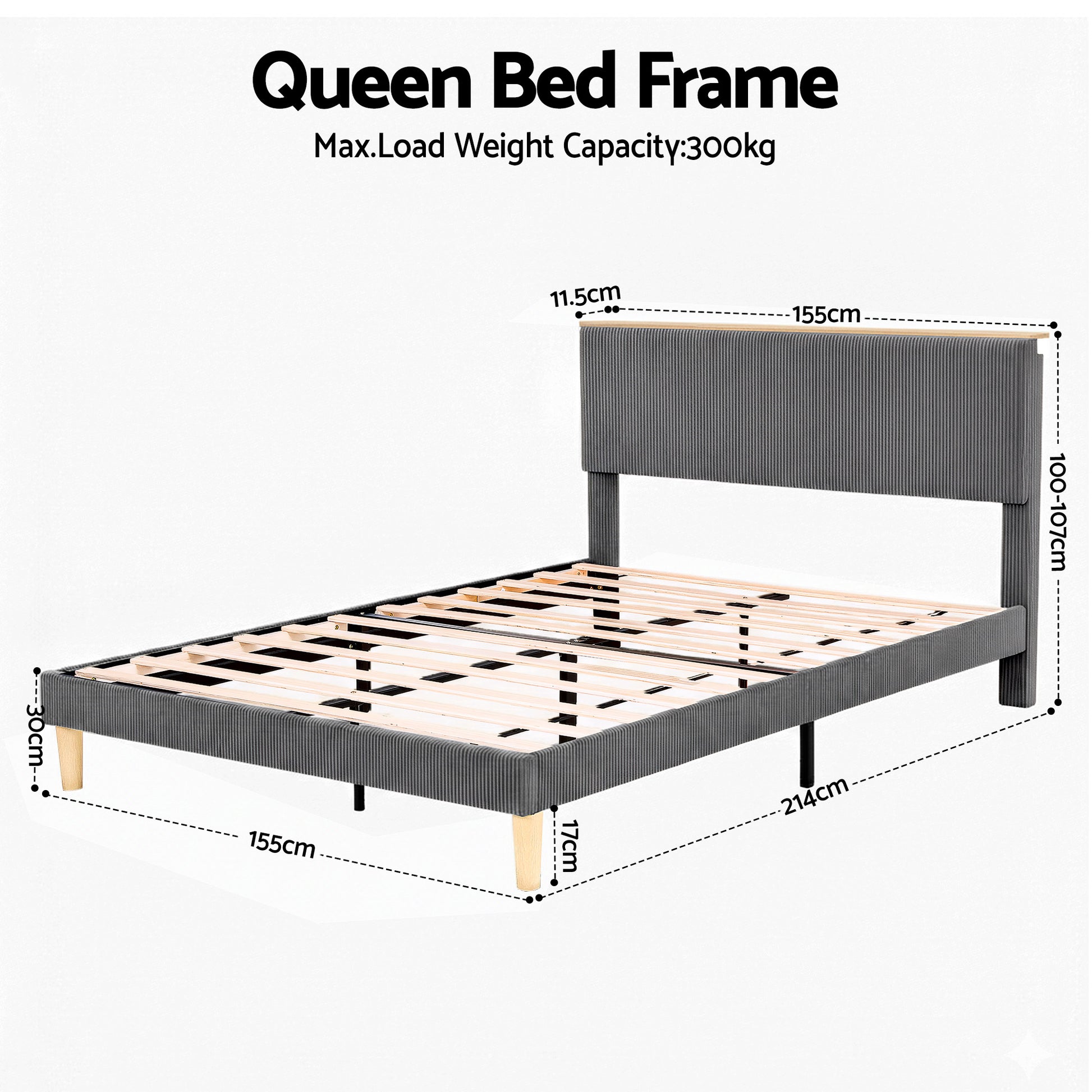 Royce Queen Upholstered LED Bed Frame with Adjustable Headboard - Grey Velvet-2