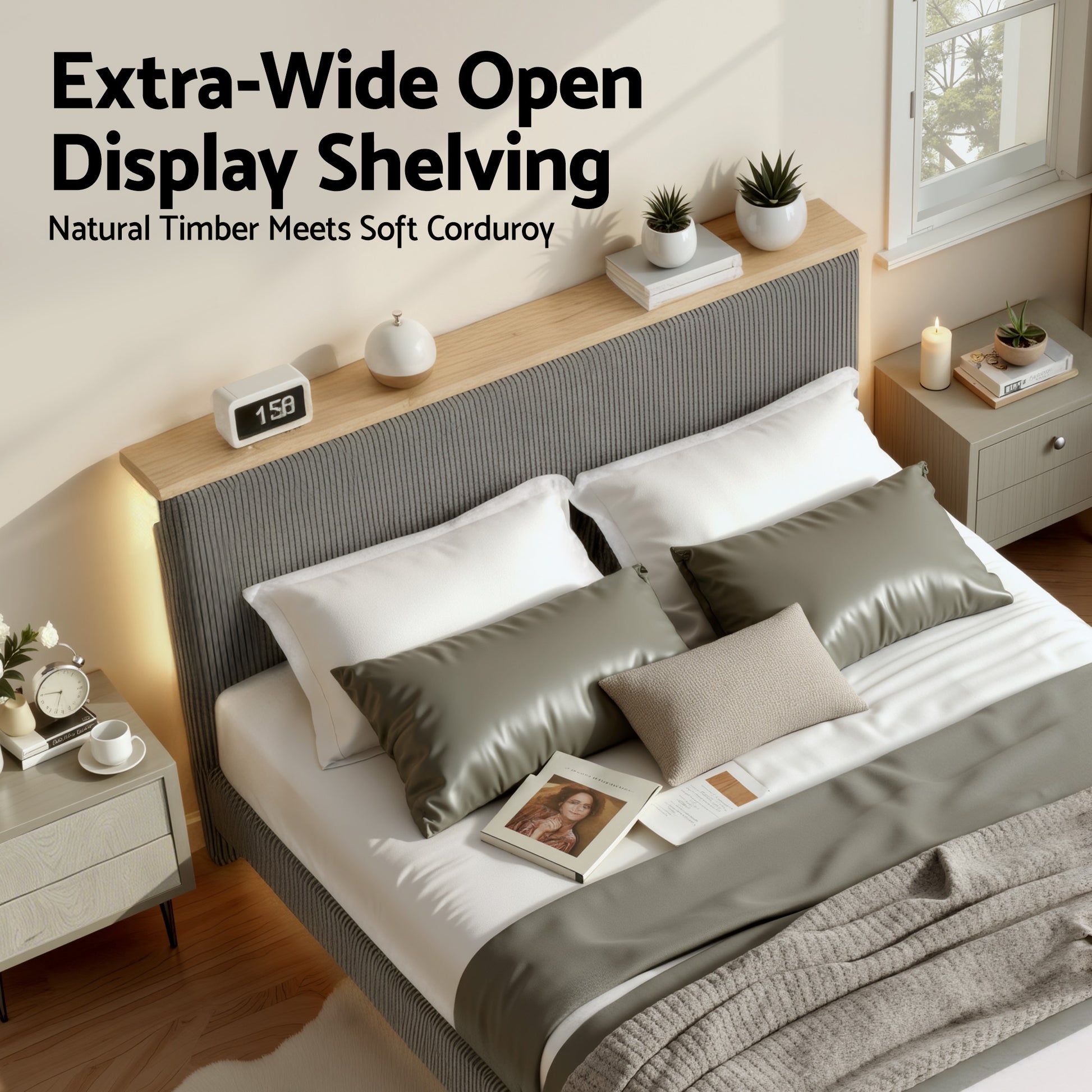 Royce Queen Upholstered LED Bed Frame with Adjustable Headboard - Grey Velvet-5