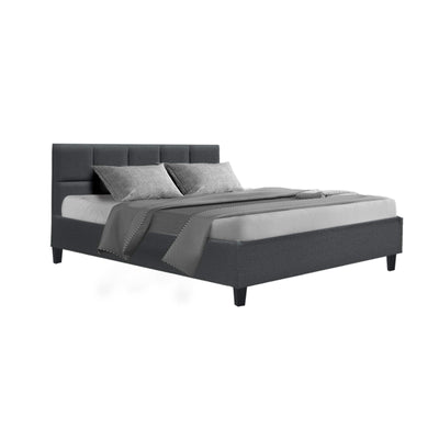 Bondi Queen Bed Frame Charcoal with upholstered headboard, low profile design, and simple modern bedroom furniture style