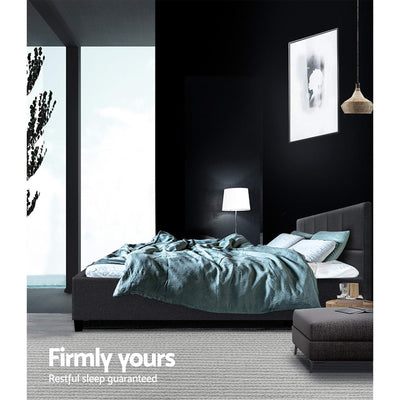 Bondi Queen Bed Frame Charcoal with upholstered headboard, modern lines, bedroom furniture setting with bedding and lamp