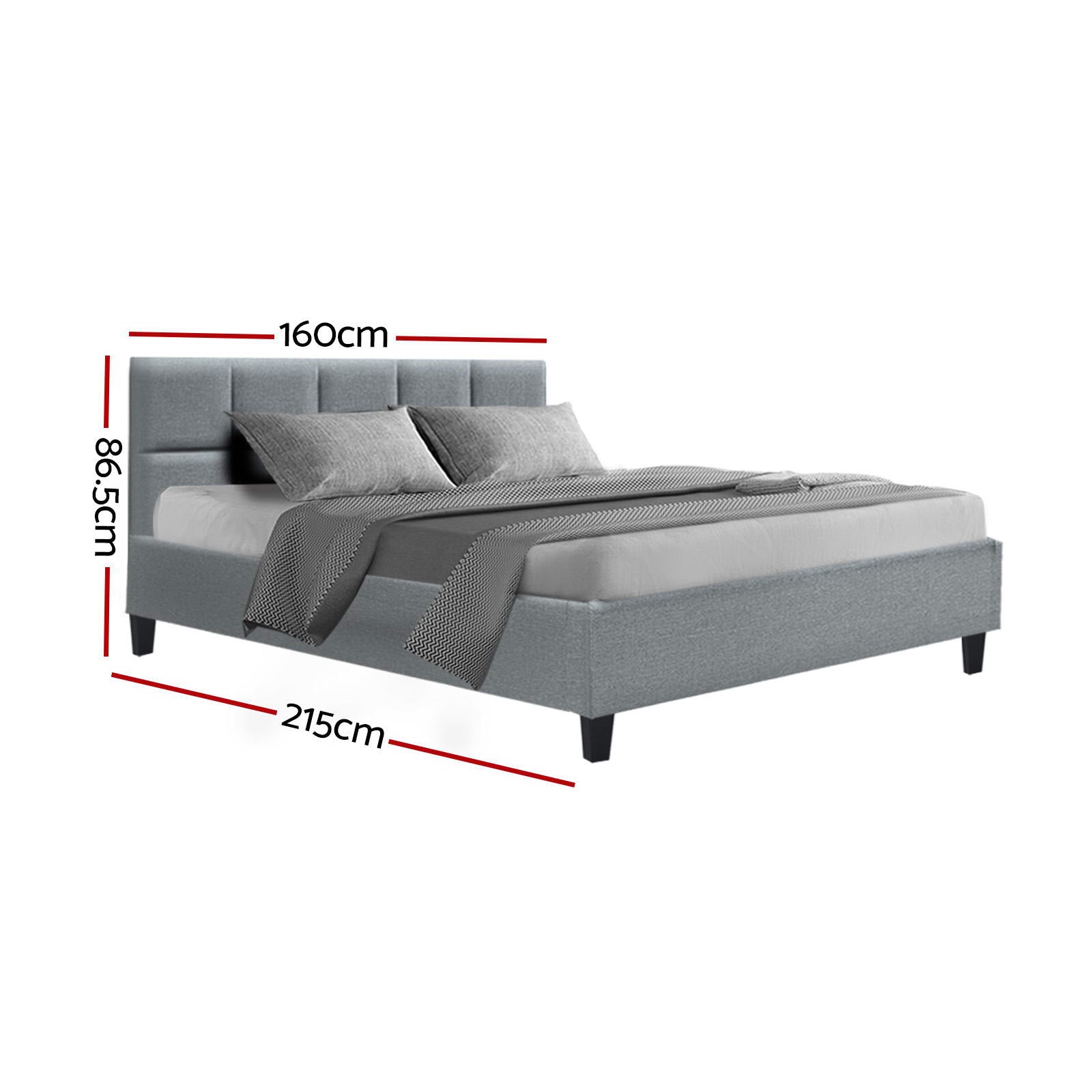 Bondi Queen Bed Frame Grey with upholstered headboard, wooden legs, and modern design for bedroom furniture.