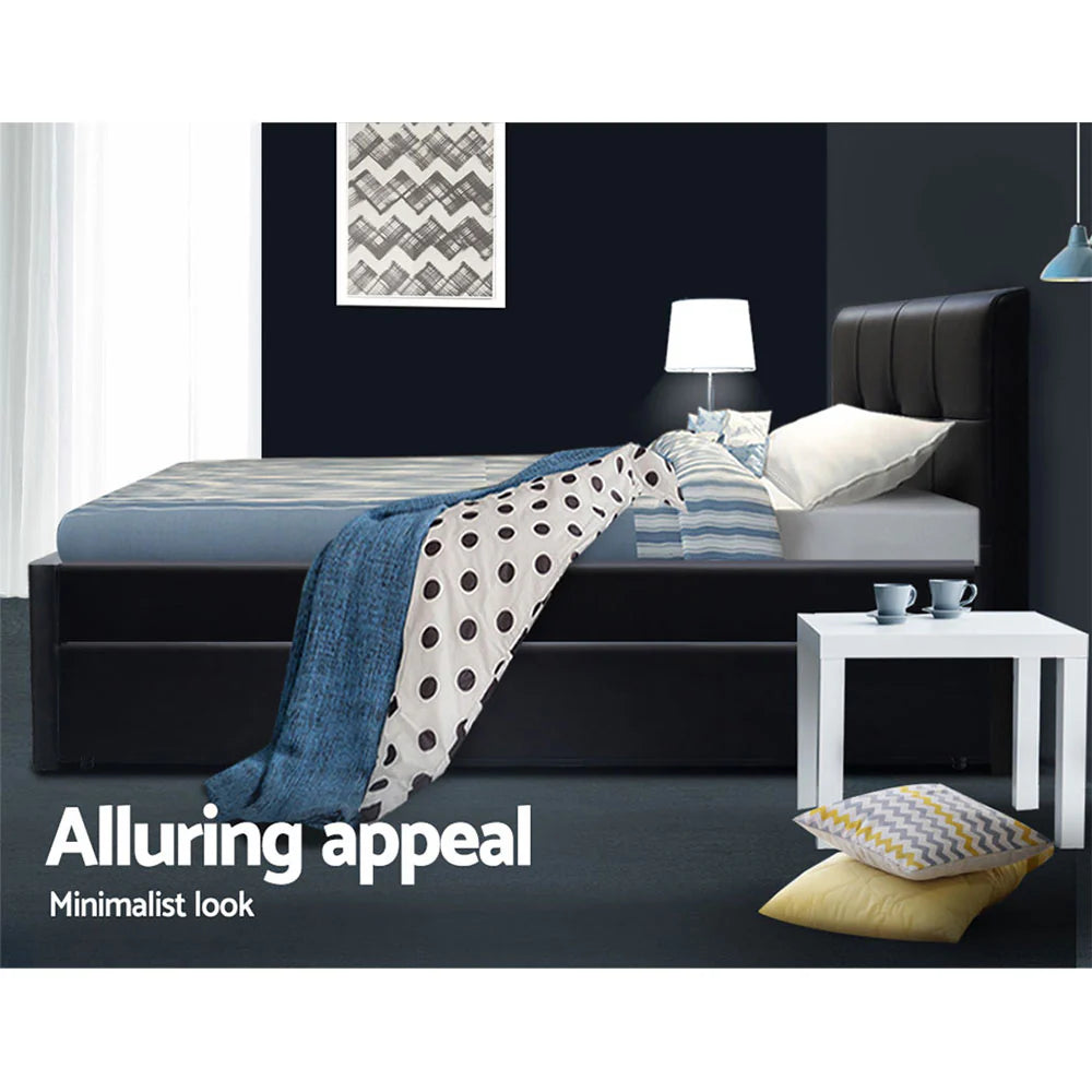 King Single Premium Package with Eden Trundle Bed Black, Algarve Euro Top Pocket Spring Mattress, Arina Trundle Mattress, and Pillowtop Topper