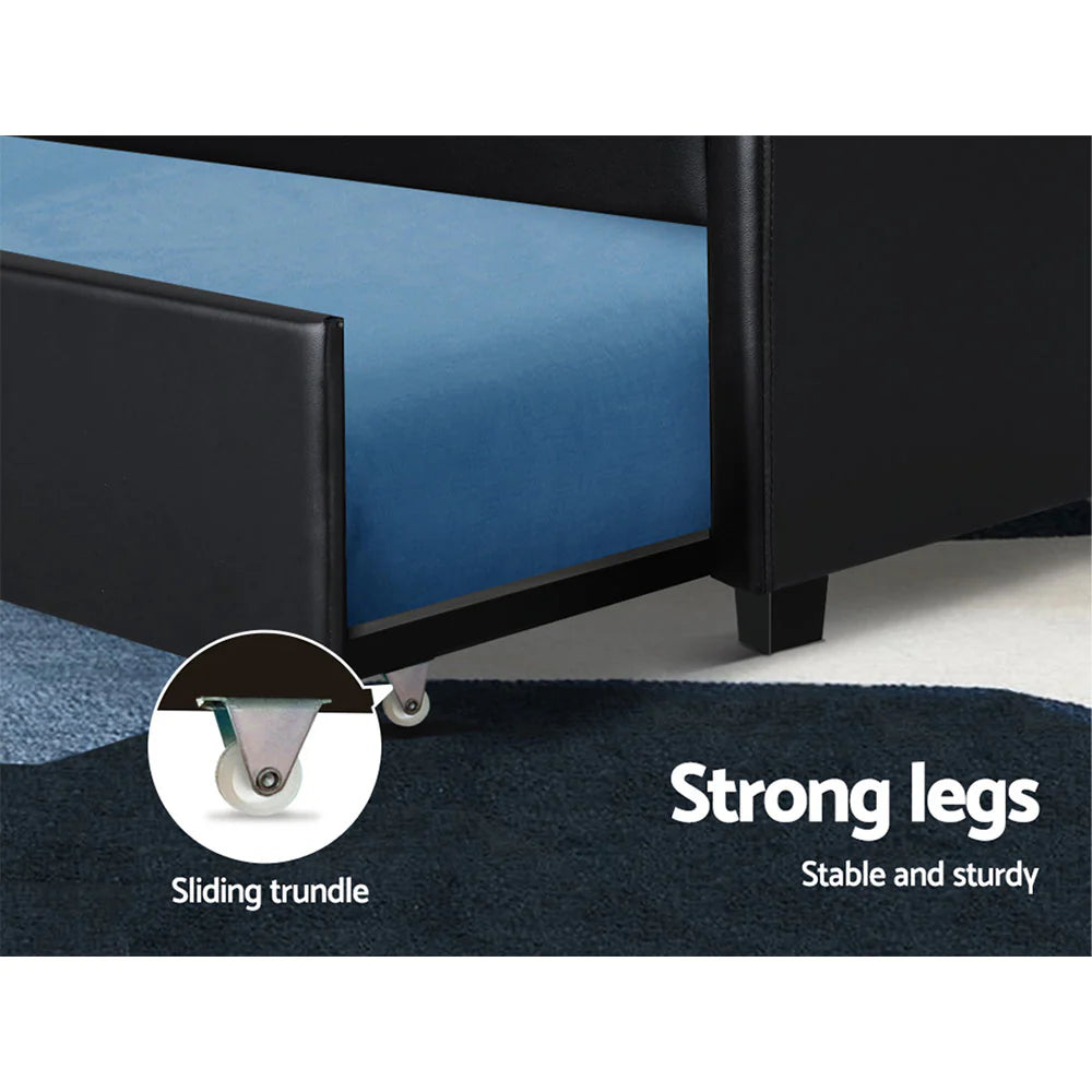 King Single Premium Package | Eden Trundle Bed Black with sliding trundle, strong legs, and medium firm mattresses shown on rug