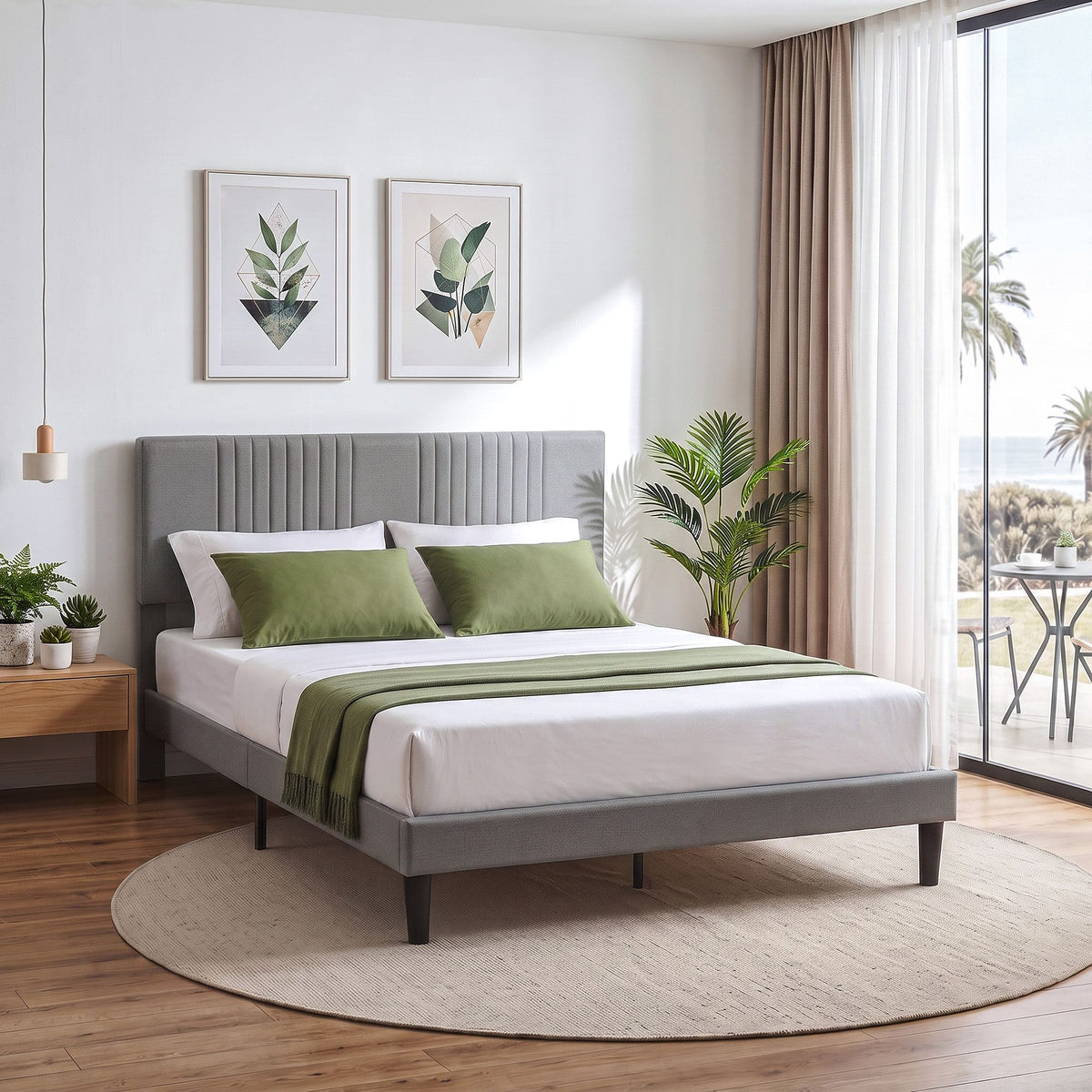 Double Bed Frame with Adjustable Upholstered Headboard 300kg Capacity - Grey