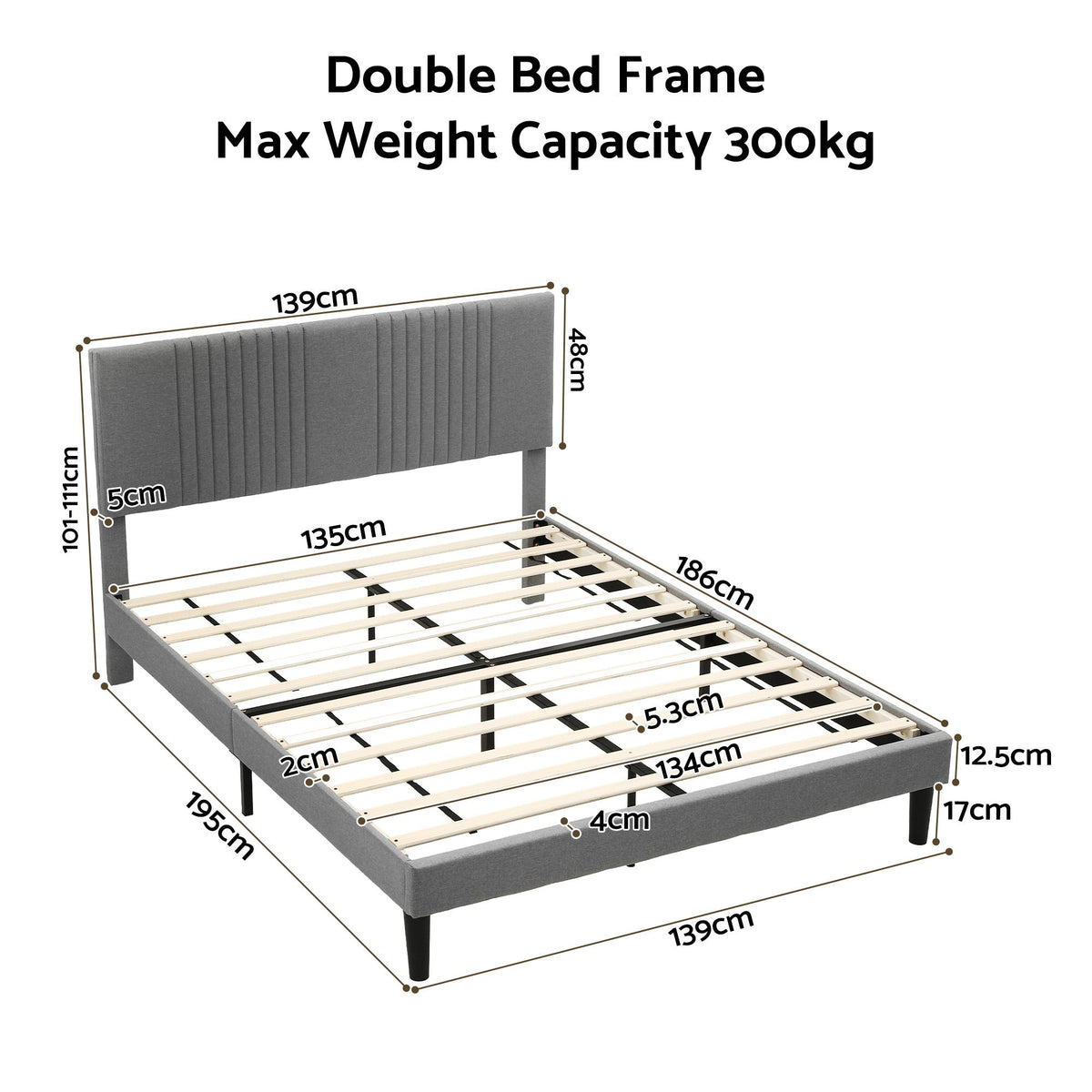 Double Bed Frame with Adjustable Upholstered Headboard 300kg Capacity - Grey