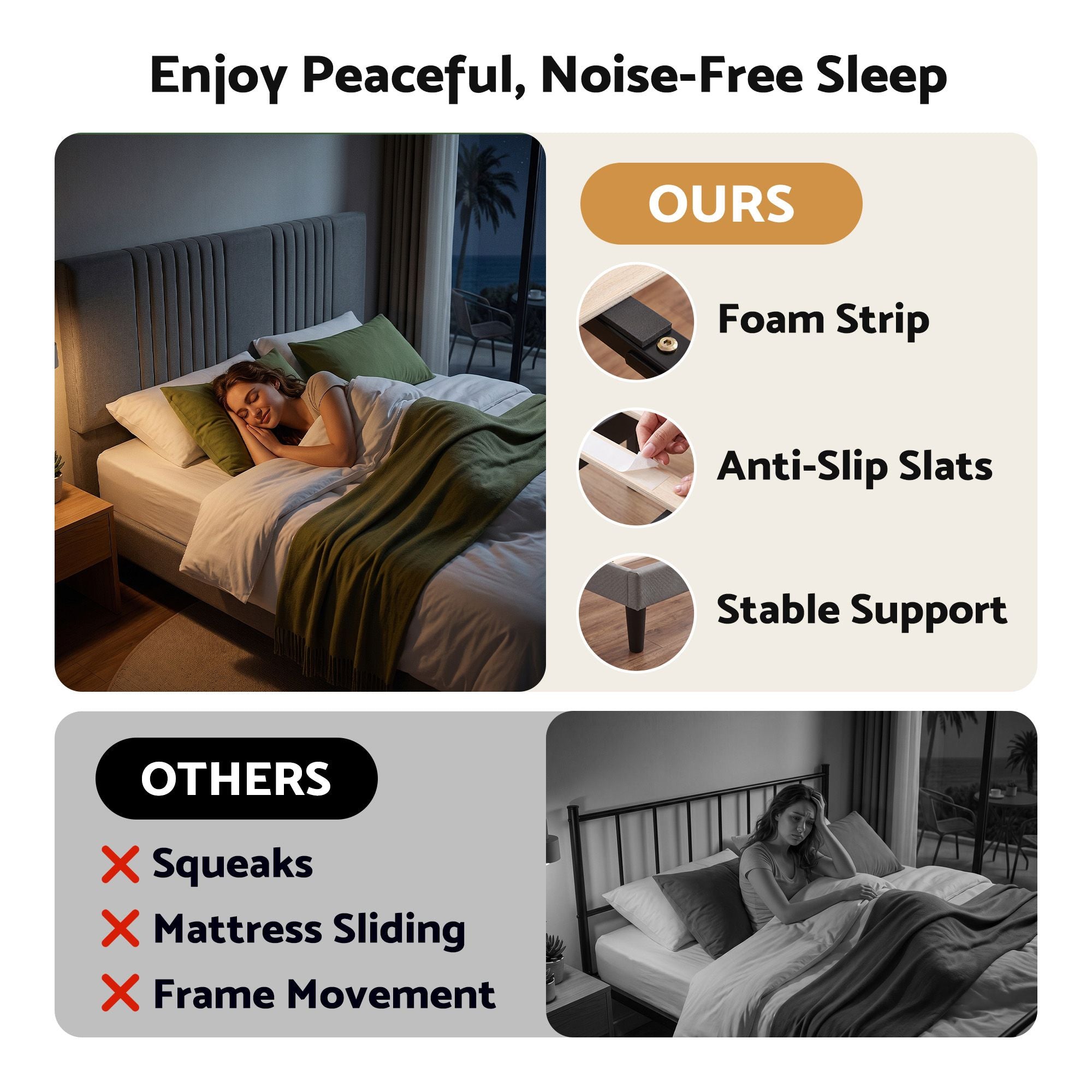 Double Bed Frame with Adjustable Upholstered Headboard 300kg Capacity - Grey