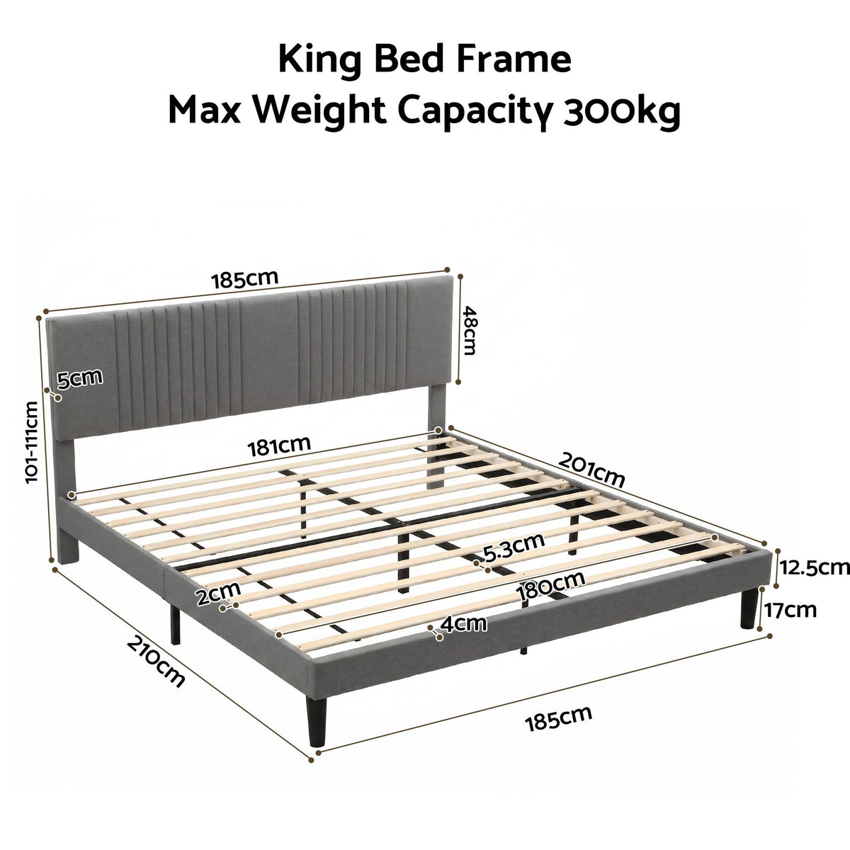 King Adjustable Headboard Bed Frame 300kg Capacity - Grey