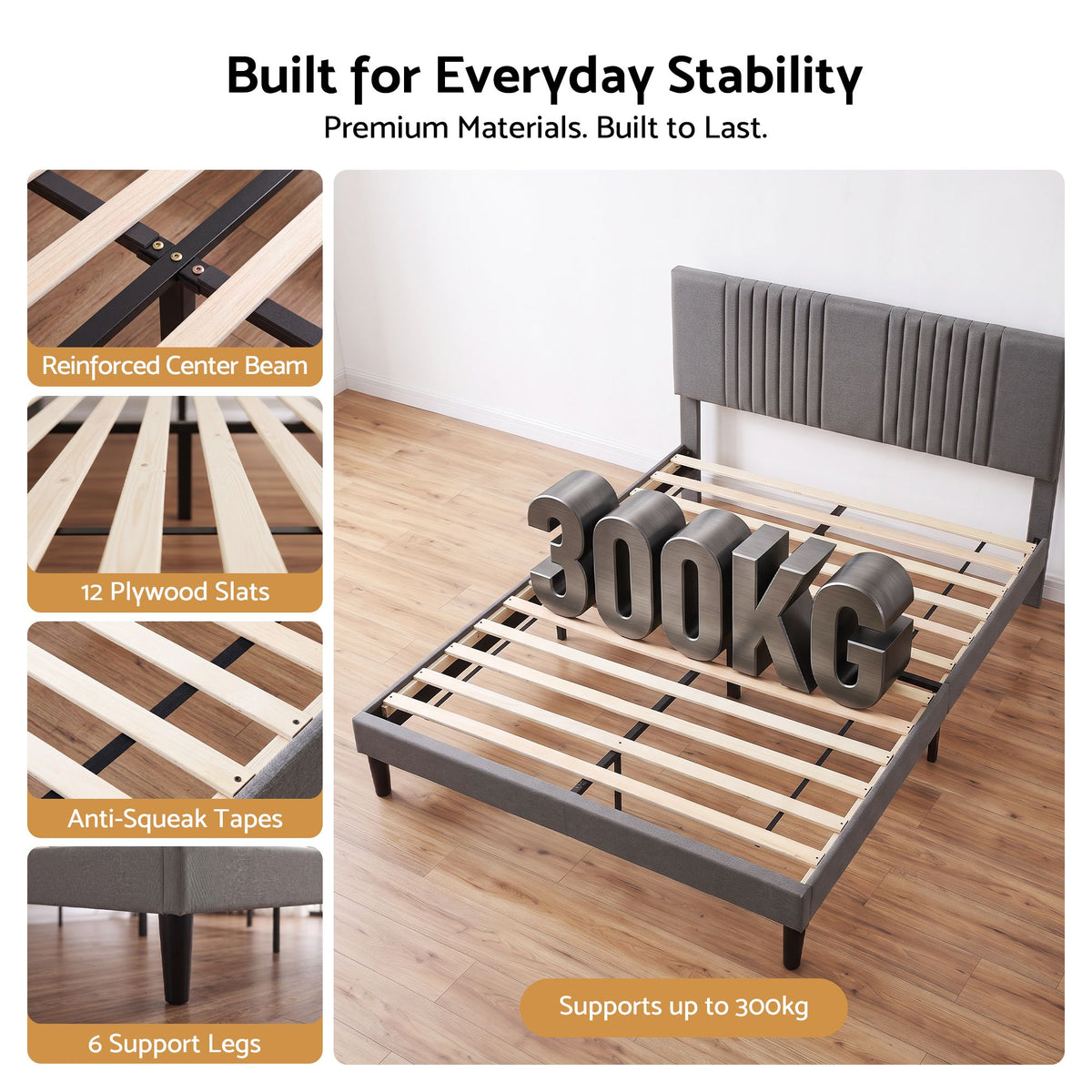 Queen Adjustable Headboard Bed Frame 300kg Capacity - Grey