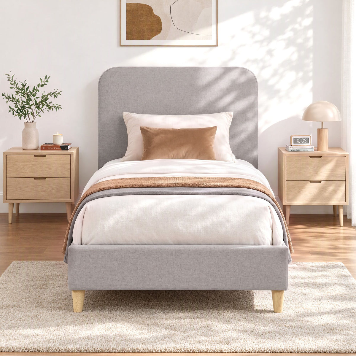 King Single Upholstered Bed Frame with Headboard - Grey