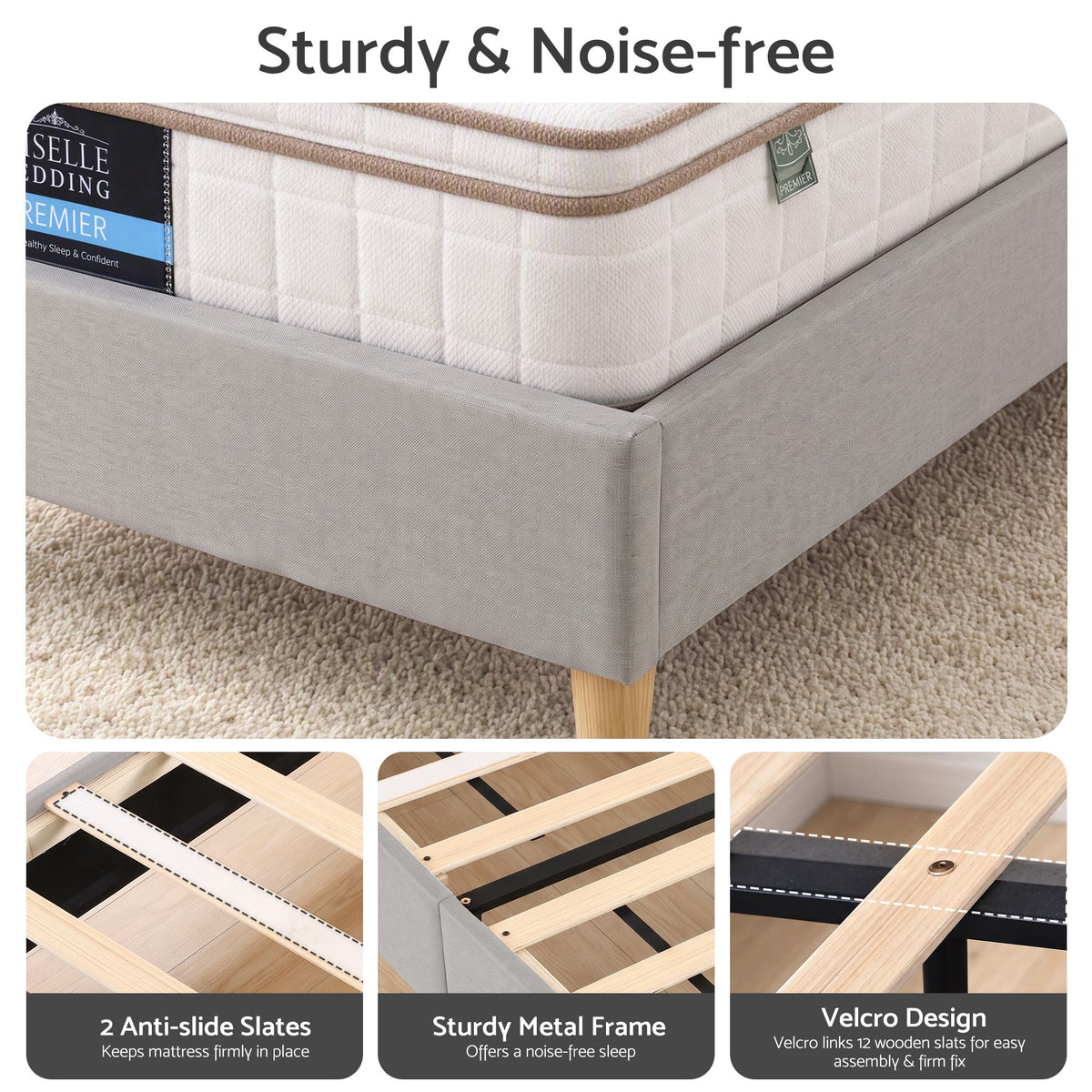 King Single Upholstered Bed Frame with Headboard - Grey