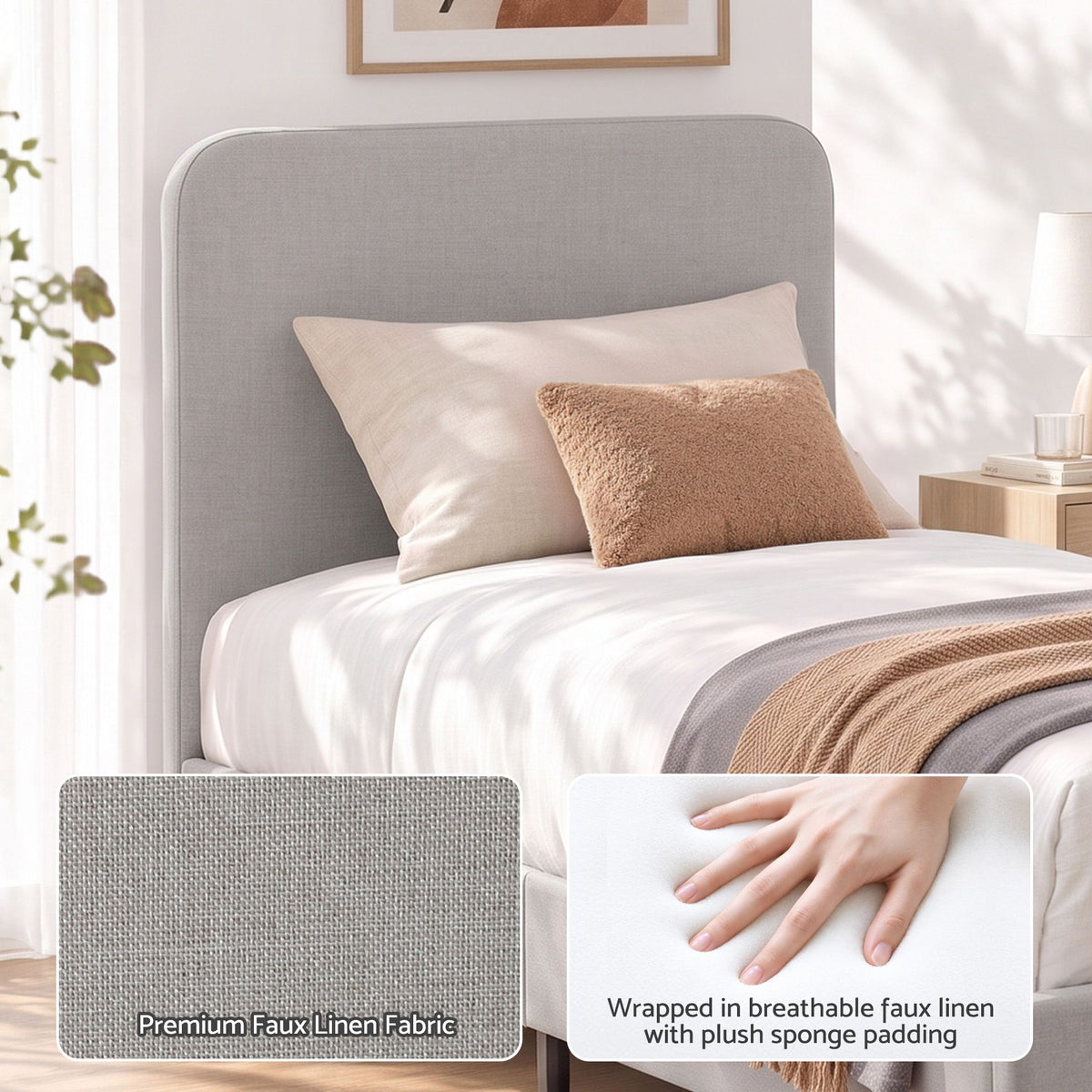 King Single Upholstered Bed Frame with Headboard - Grey