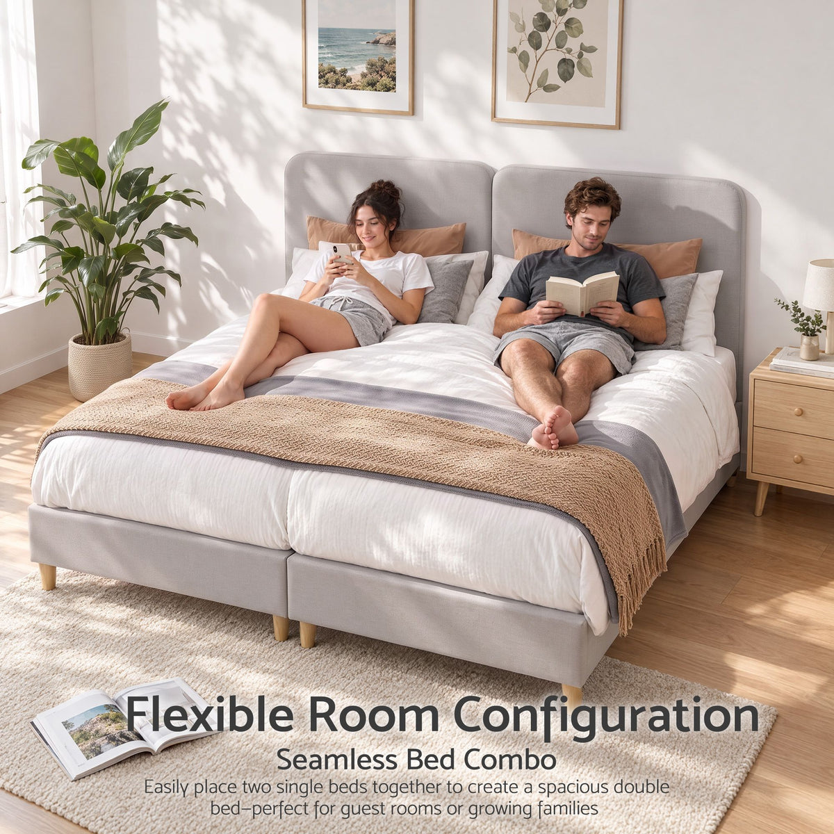King Single Upholstered Bed Frame with Headboard - Grey
