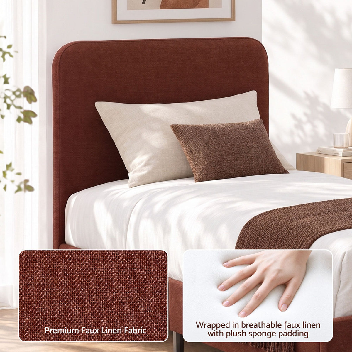 King Single Upholstered Bed Frame with Headboard - Brown Faux Linen