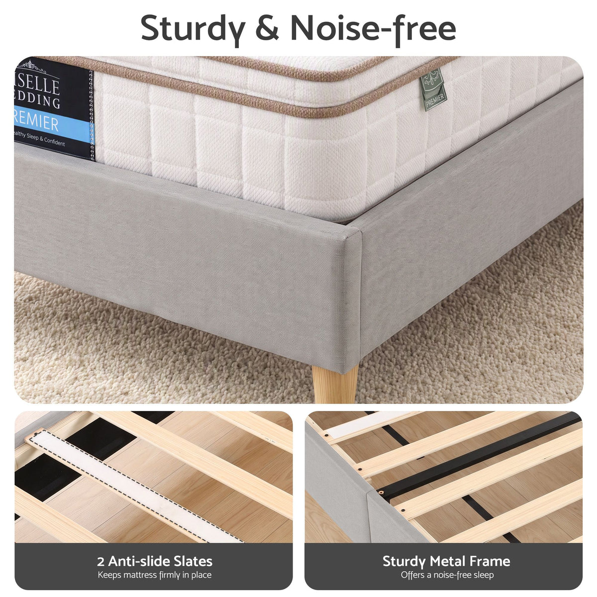 Single Upholstered Bed Frame with Padded Headboard - Grey Faux Linen