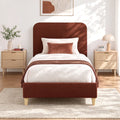 Single Upholstered Bed Frame with Headboard - Brown Faux Linen