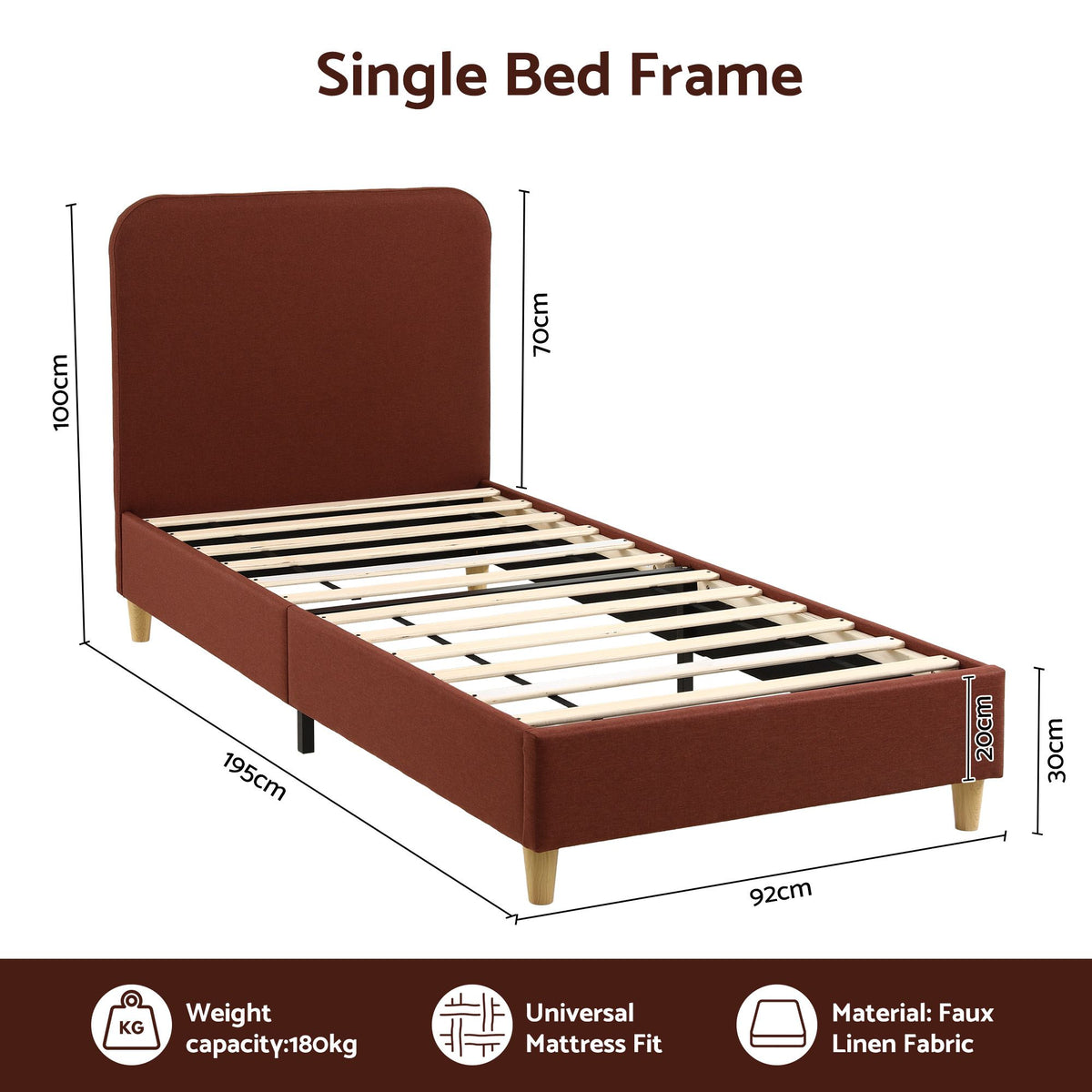 Single Upholstered Bed Frame with Headboard - Brown Faux Linen
