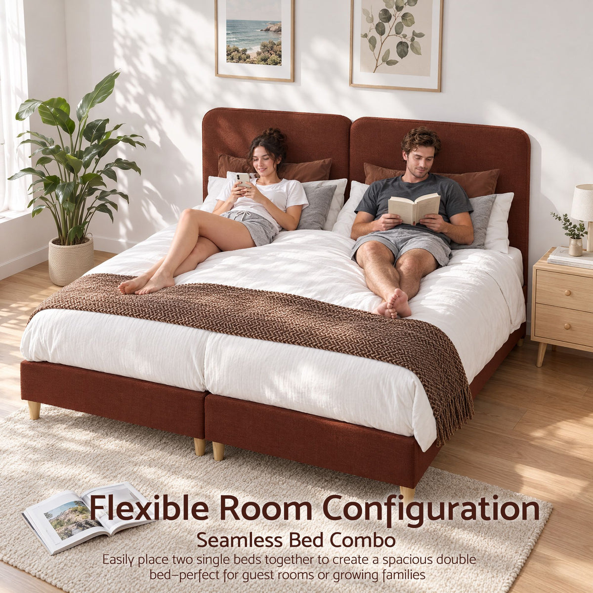 Single Upholstered Bed Frame with Headboard - Brown Faux Linen