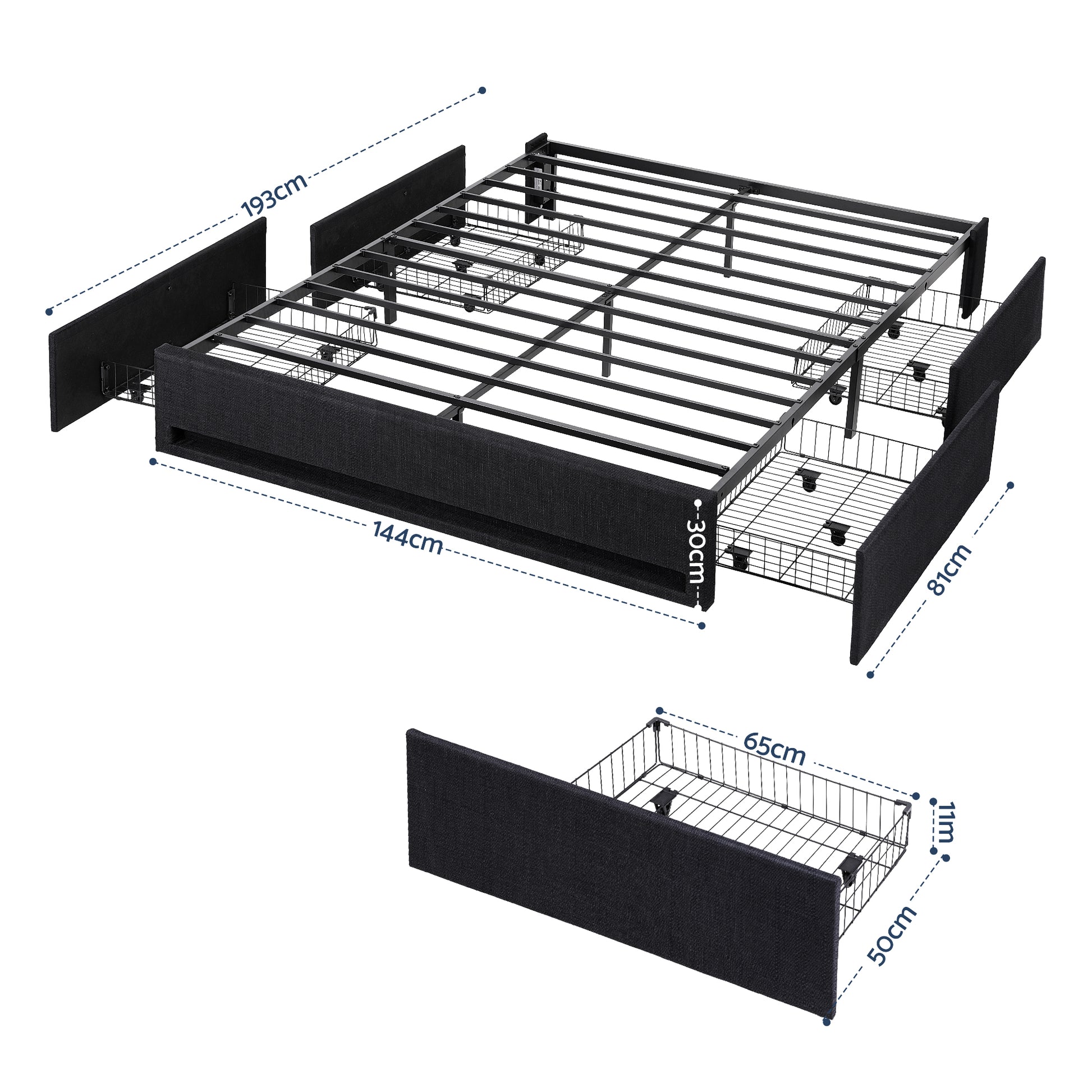 Double Bed Frame with Storage Drawers RGB Lights Charging Station Upholstered Fabric-2