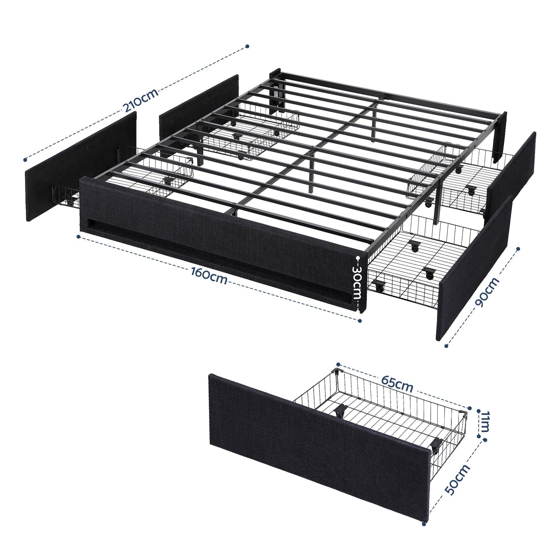 Queen Bed Frame with Storage Drawers RGB Lights Charging Station Upholstered Fabric