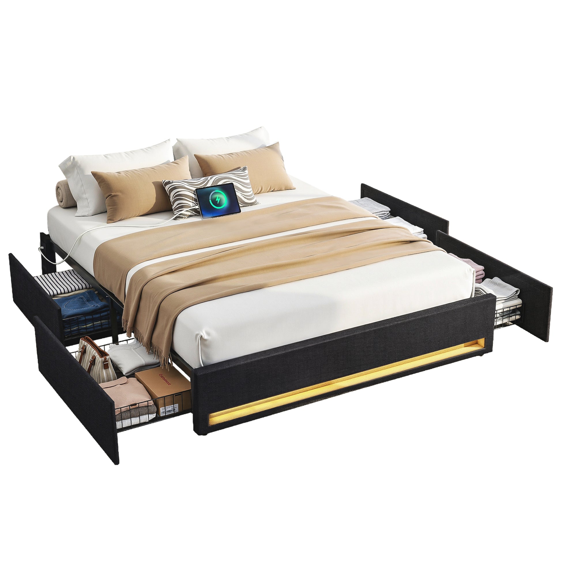 Queen Bed Frame with Storage Drawers RGB Lights Charging Station Upholstered Fabric-9
