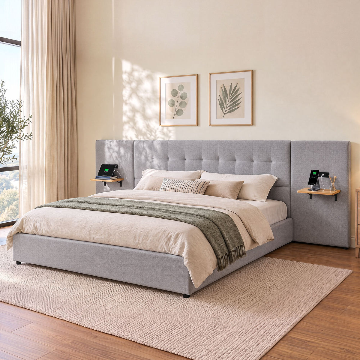 King Bed Frame with Wide Floating Shelves, USB Charging and Upholstered Headboard - Grey