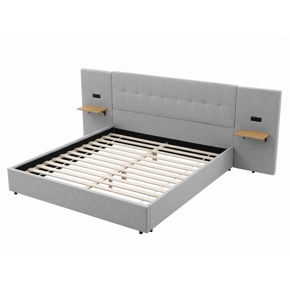 King Bed Frame with Wide Floating Shelves, USB Charging and Upholstered Headboard - Grey